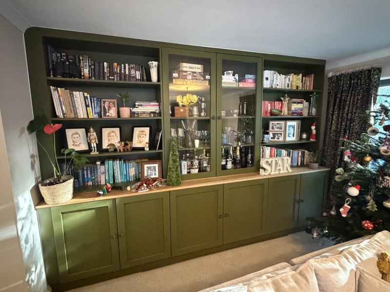 Handmade oak-topped built-in display unit for a home in Hayes, Kent